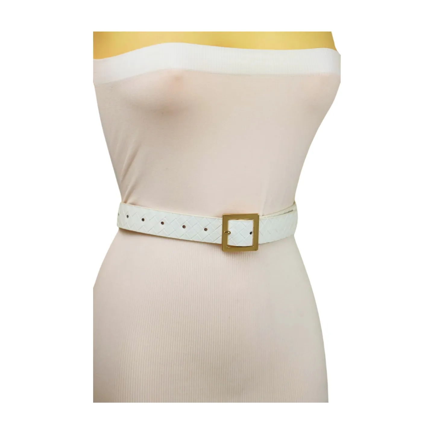Women White Basket Weave Belt Gold Square Buckle Size S M