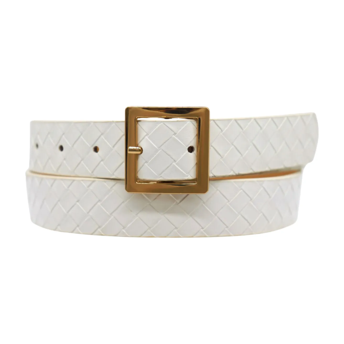 Women White Basket Weave Belt Gold Square Buckle Size S M