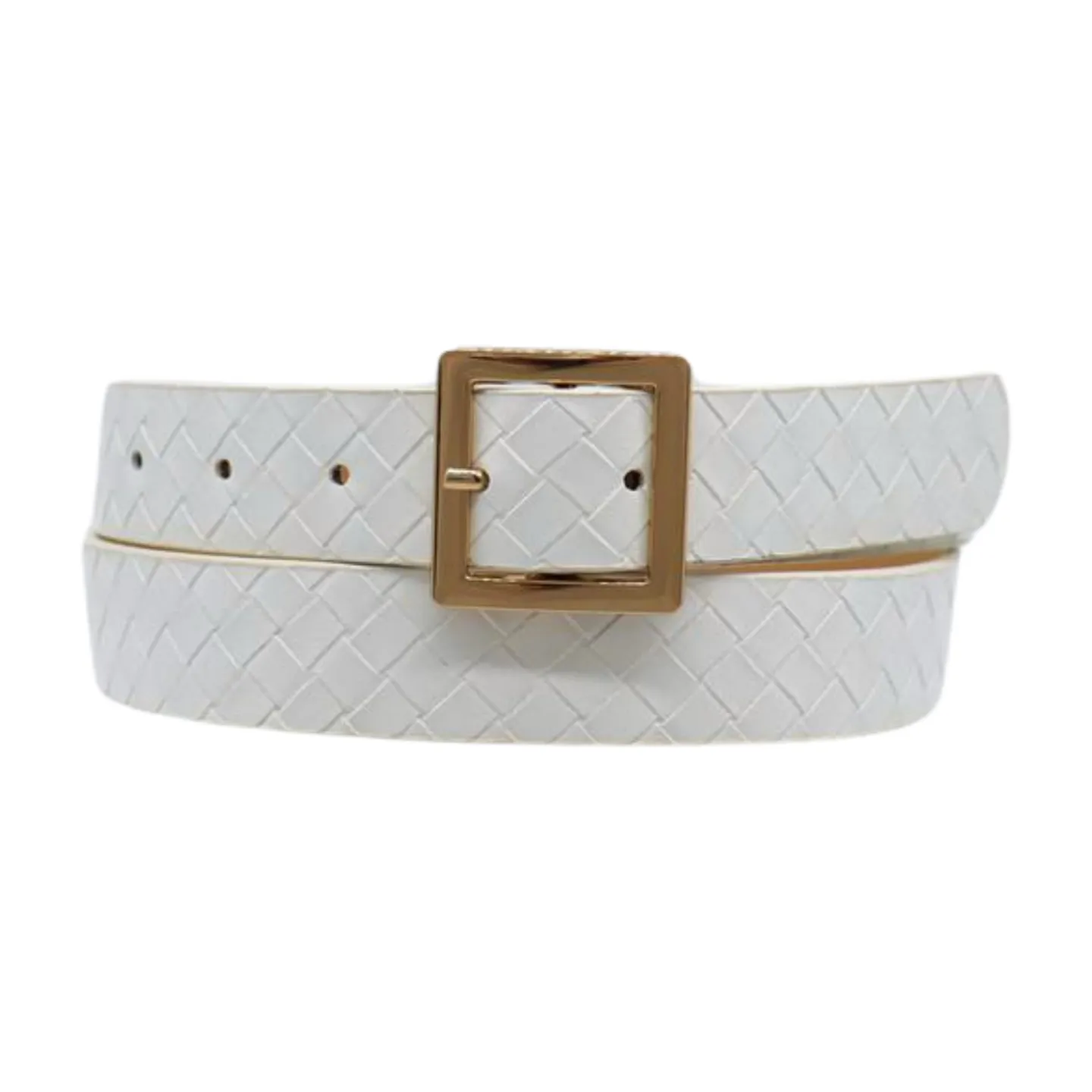 Women White Basket Weave Belt Gold Square Buckle Size S M