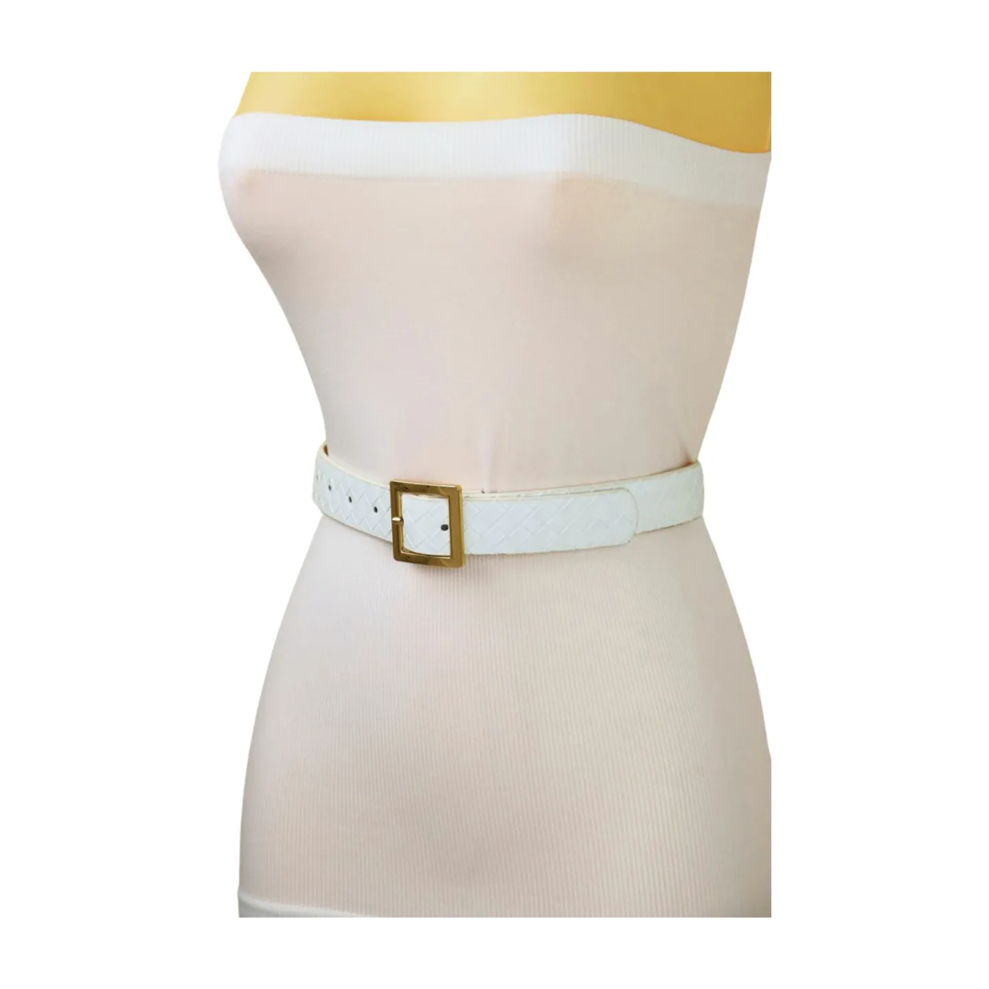 Women White Basket Weave Belt Gold Square Buckle Size S M