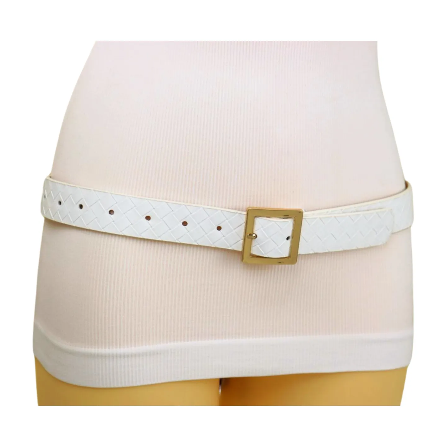 Women White Basket Weave Belt Gold Square Buckle Size S M