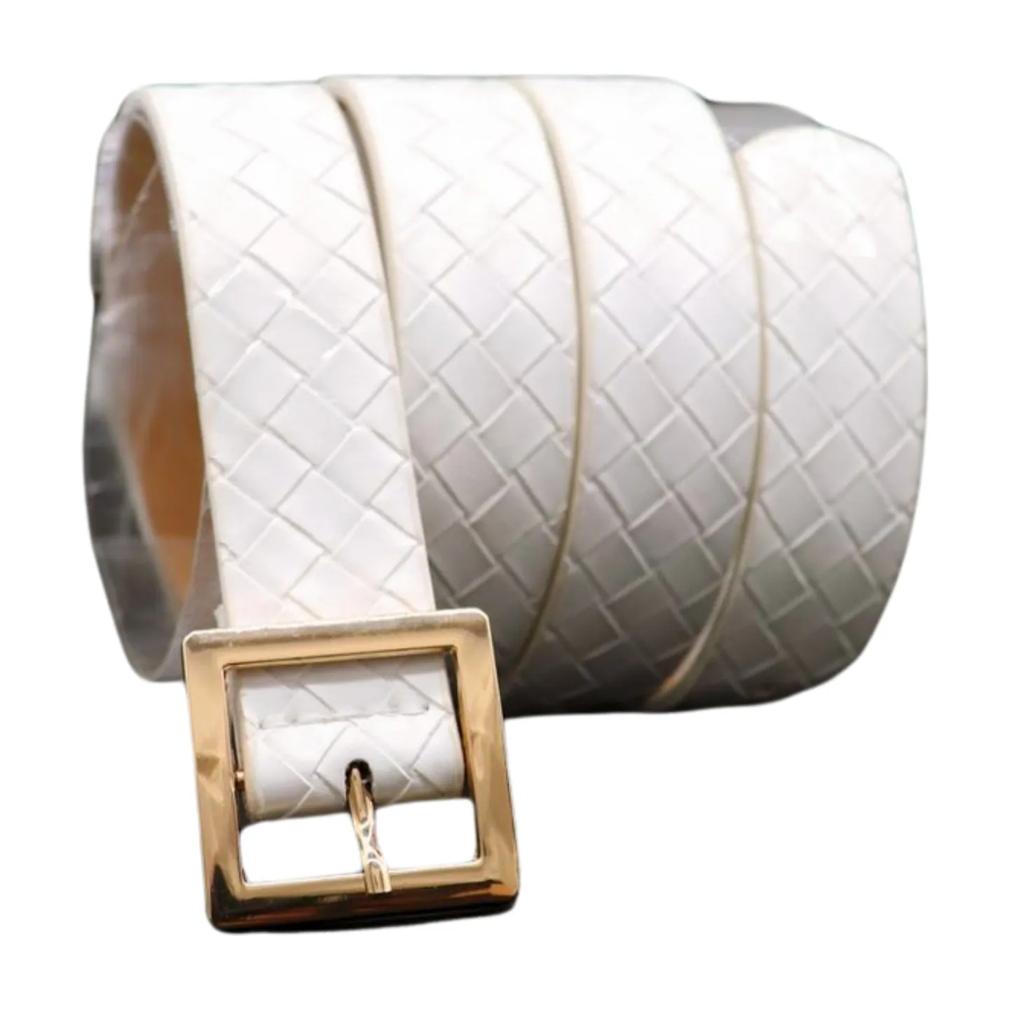 Women White Basket Weave Belt Gold Square Buckle Size S M