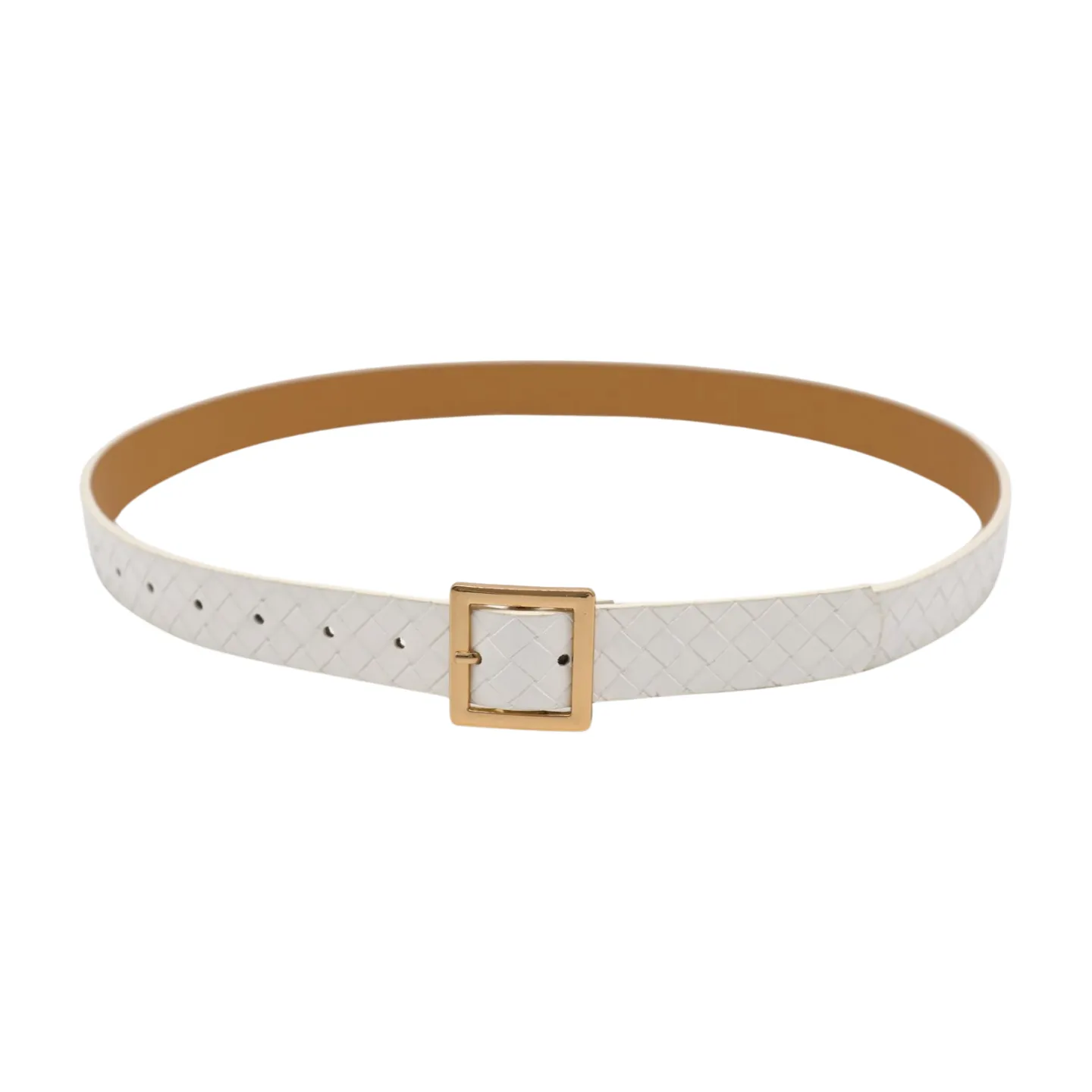 Women White Basket Weave Belt Gold Square Buckle Size S M