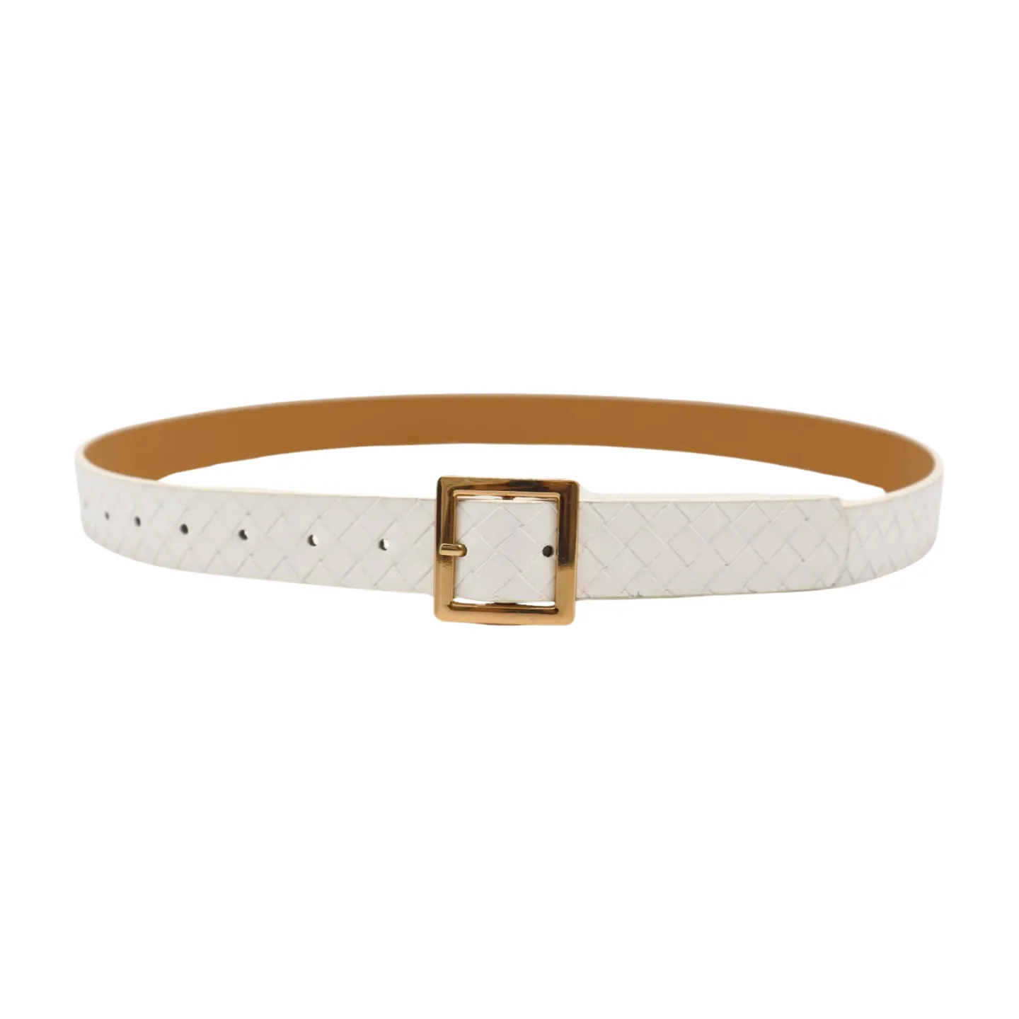 Women White Basket Weave Belt Gold Square Buckle Size S M
