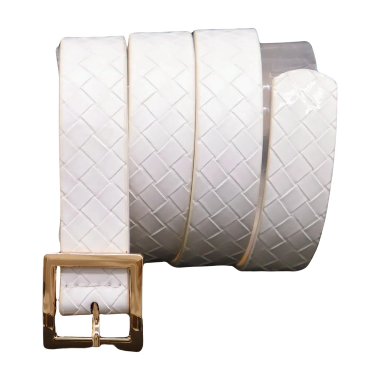 Women White Basket Weave Belt Gold Square Buckle Size S M