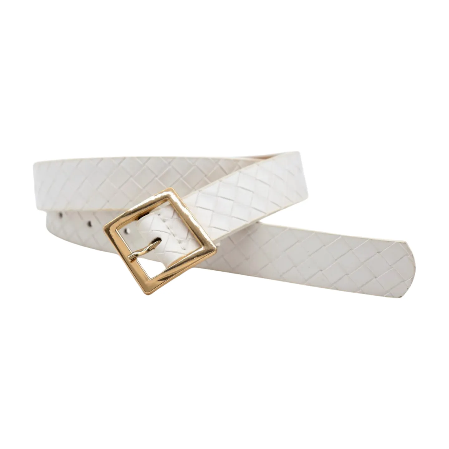 Women White Basket Weave Belt Gold Square Buckle Size S M