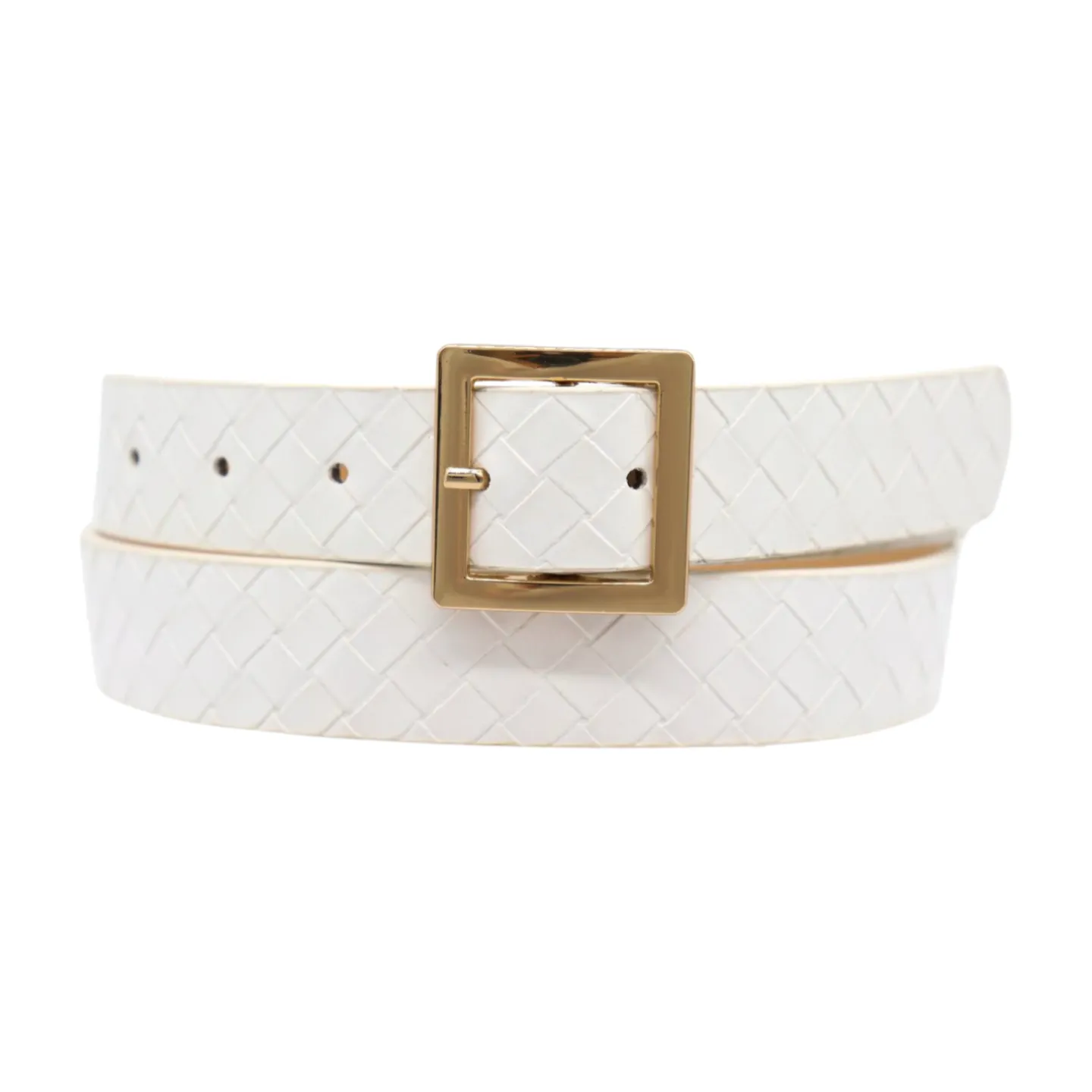 Women White Basket Weave Belt Gold Square Buckle Size S M