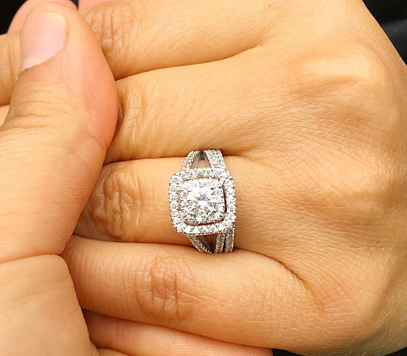 Women's 14k white gold round cut diamond engagement ring and band, prong set, anniversary, wedding, propose, bridal, double halo, 1.30ctw
