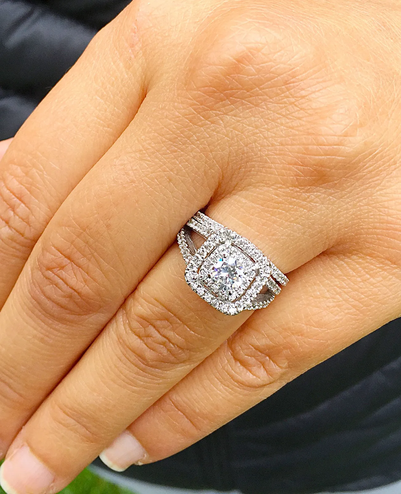 Women's 14k white gold round cut diamond engagement ring and band, prong set, anniversary, wedding, propose, bridal, double halo, 1.30ctw