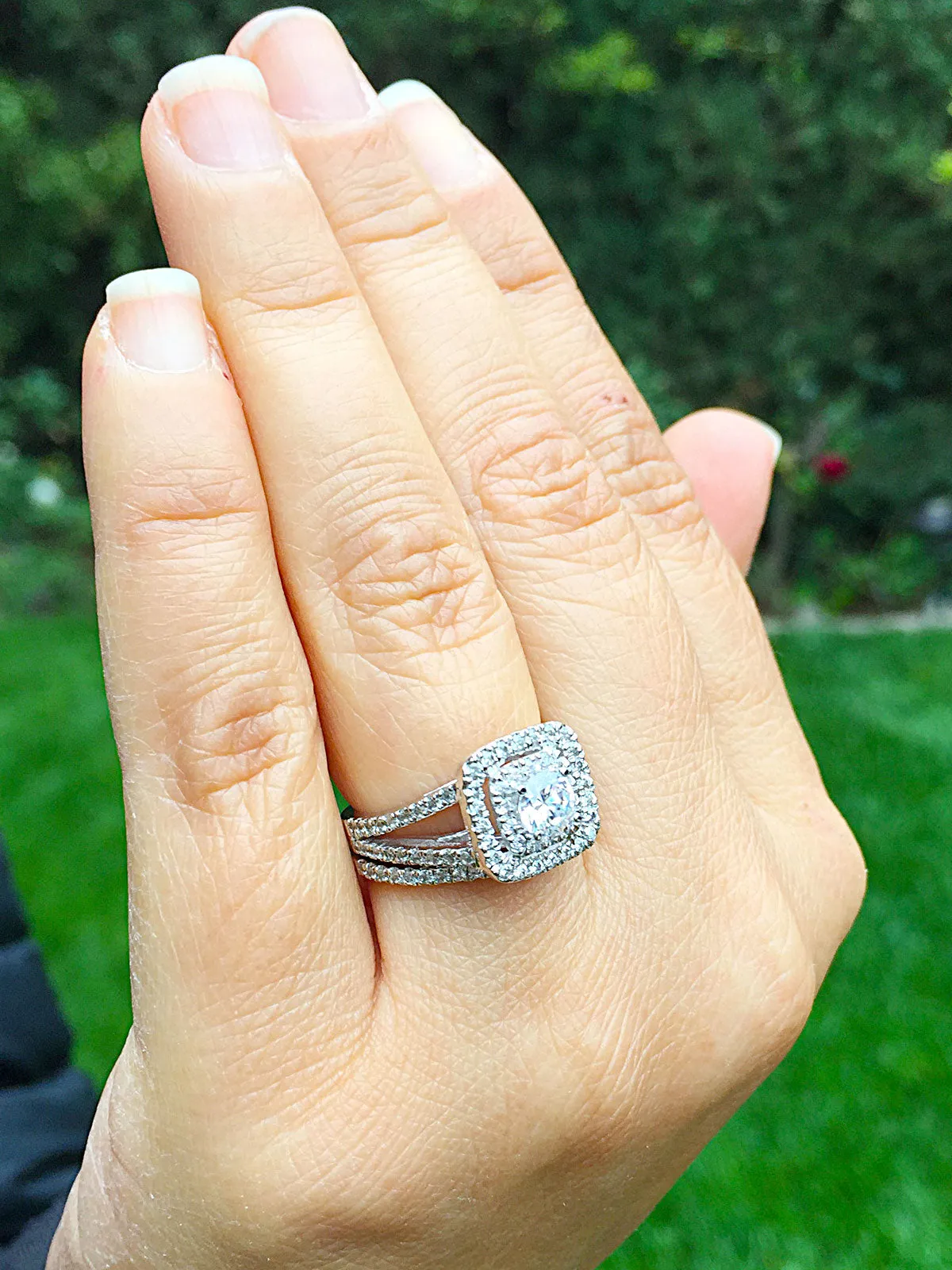 Women's 14k white gold round cut diamond engagement ring and band, prong set, anniversary, wedding, propose, bridal, double halo, 1.30ctw
