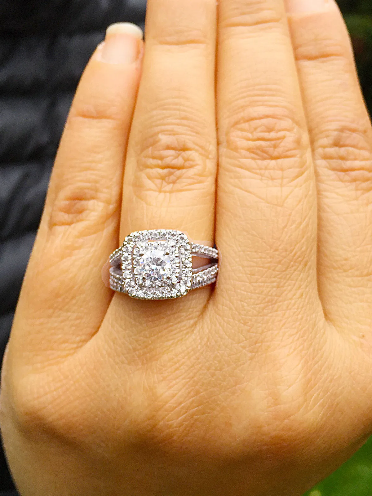 Women's 14k white gold round cut diamond engagement ring and band, prong set, anniversary, wedding, propose, bridal, double halo, 1.30ctw