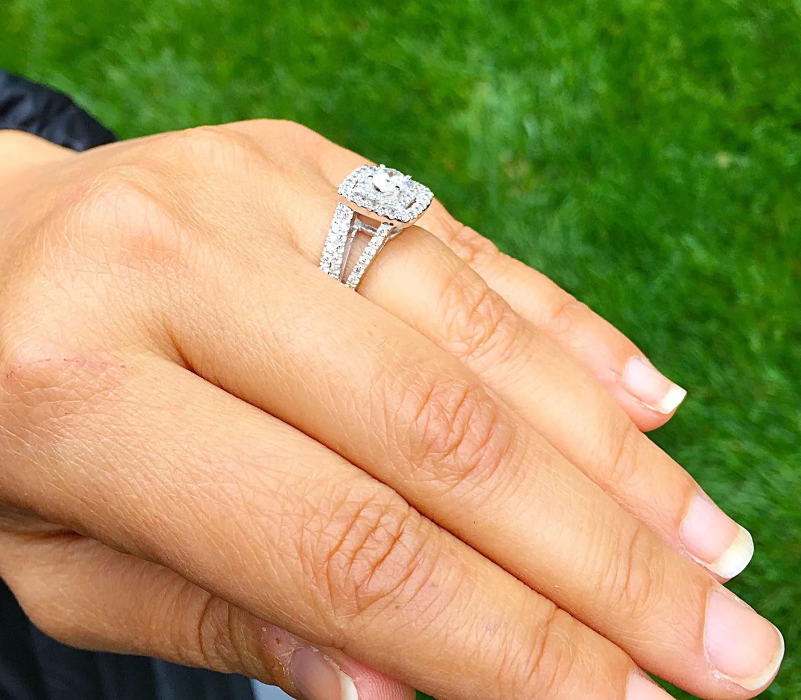 Women's 14k white gold round cut diamond engagement ring and band, prong set, anniversary, wedding, propose, bridal, double halo, 1.30ctw