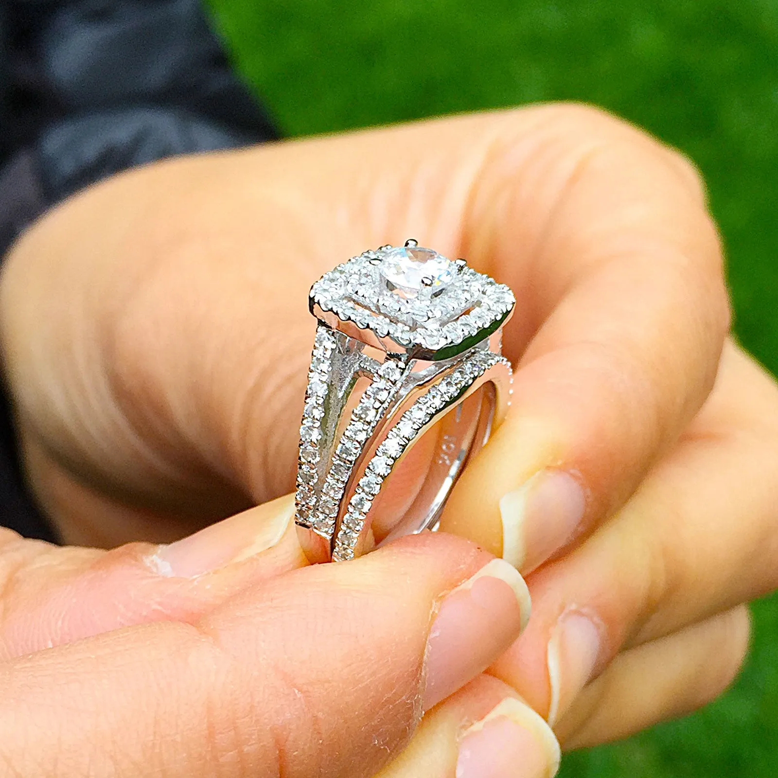 Women's 14k white gold round cut diamond engagement ring and band, prong set, anniversary, wedding, propose, bridal, double halo, 1.30ctw