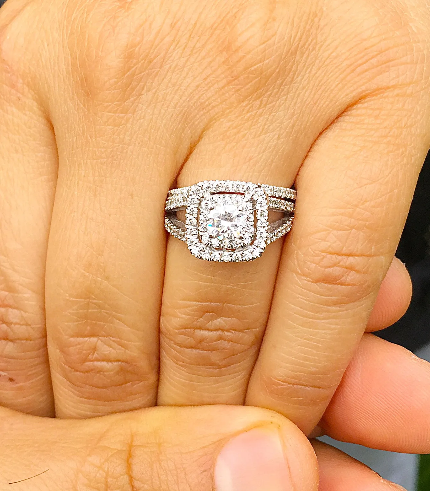 Women's 14k white gold round cut diamond engagement ring and band, prong set, anniversary, wedding, propose, bridal, double halo, 1.30ctw
