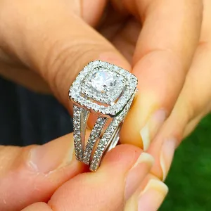 Women's 14k white gold round cut diamond engagement ring and band, prong set, anniversary, wedding, propose, bridal, double halo, 1.30ctw