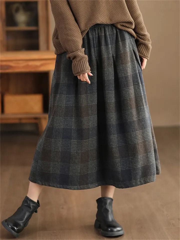 Women's Autumn Vintage Cozy Fleece Plaid Skirt