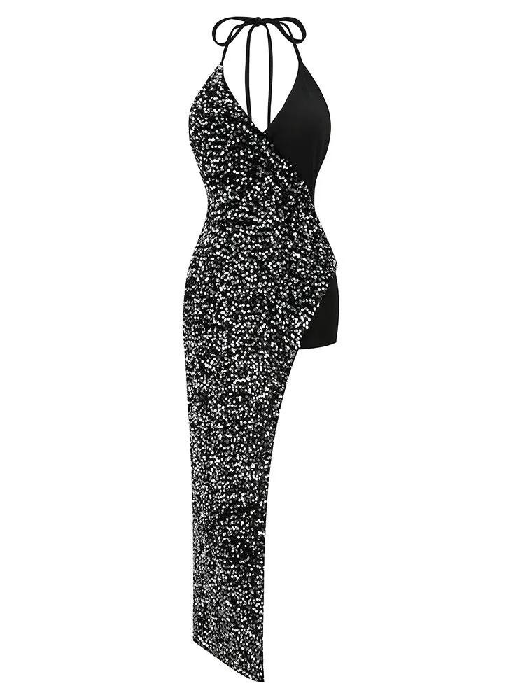 Women's Backless Suspender Dress Long Stitching Package Hip Dress
