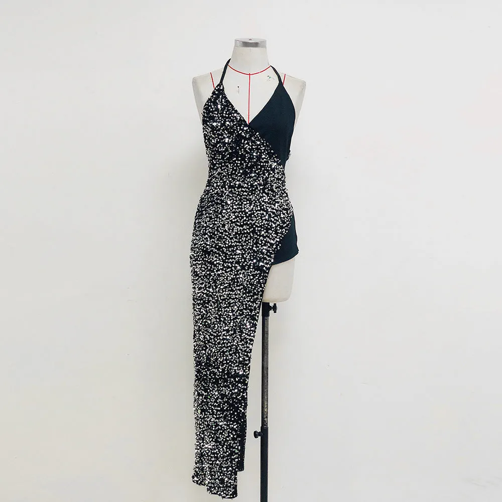 Women's Backless Suspender Dress Long Stitching Package Hip Dress