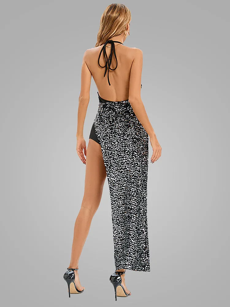 Women's Backless Suspender Dress Long Stitching Package Hip Dress