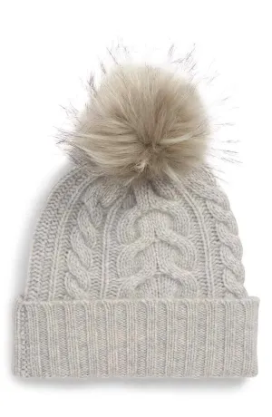 Women's Cashmere Cable Knit Beanie with Faux Fur Pom by HALOGEN, Light Grey! Retails $90 