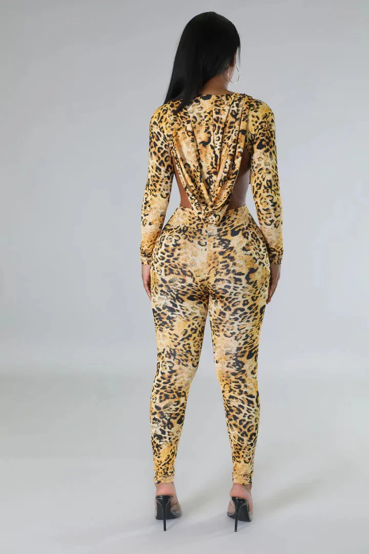 Women's Cheetah Printed Hooded Yellow Jumpsuit