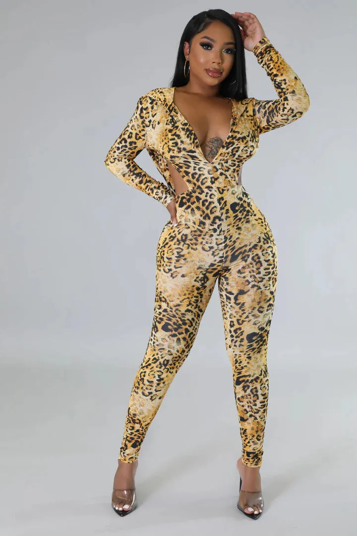 Women's Cheetah Printed Hooded Yellow Jumpsuit