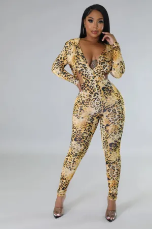 Women's Cheetah Printed Hooded Yellow Jumpsuit