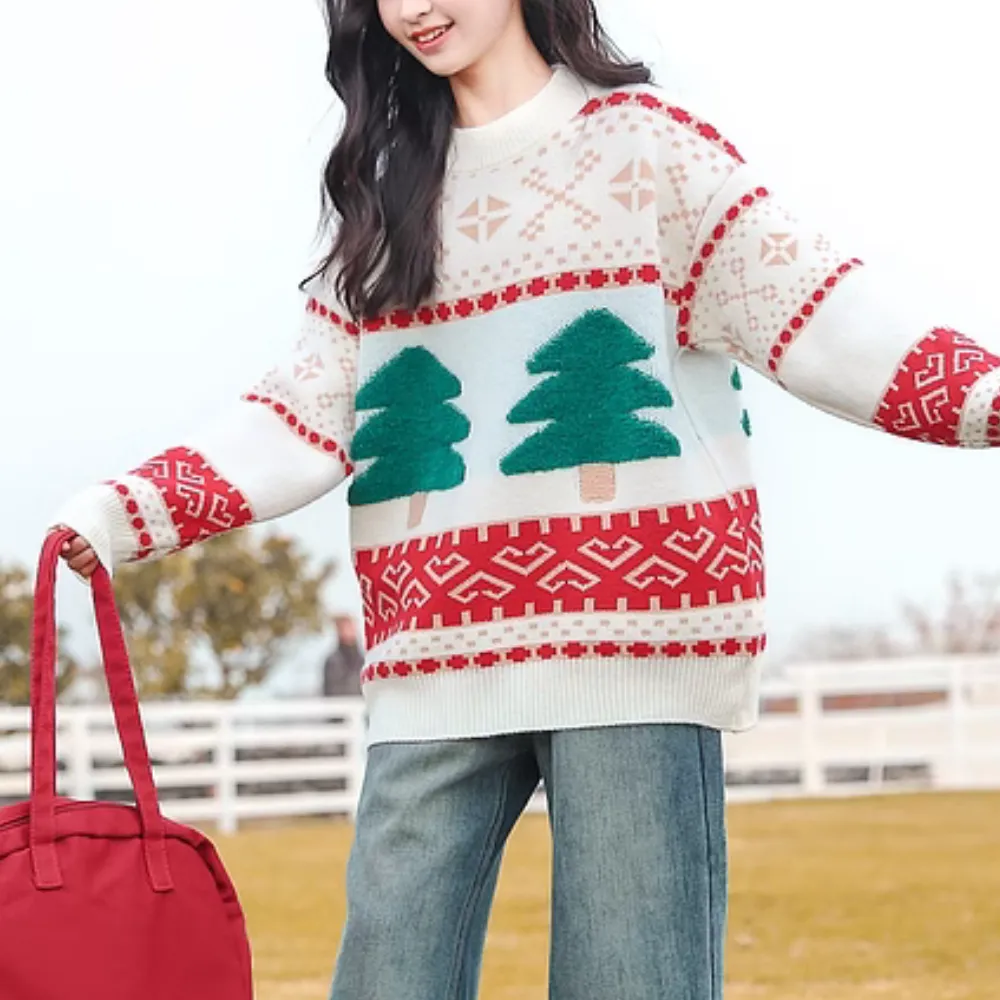 Women's Classic Flocked Christmas Tree Sweater