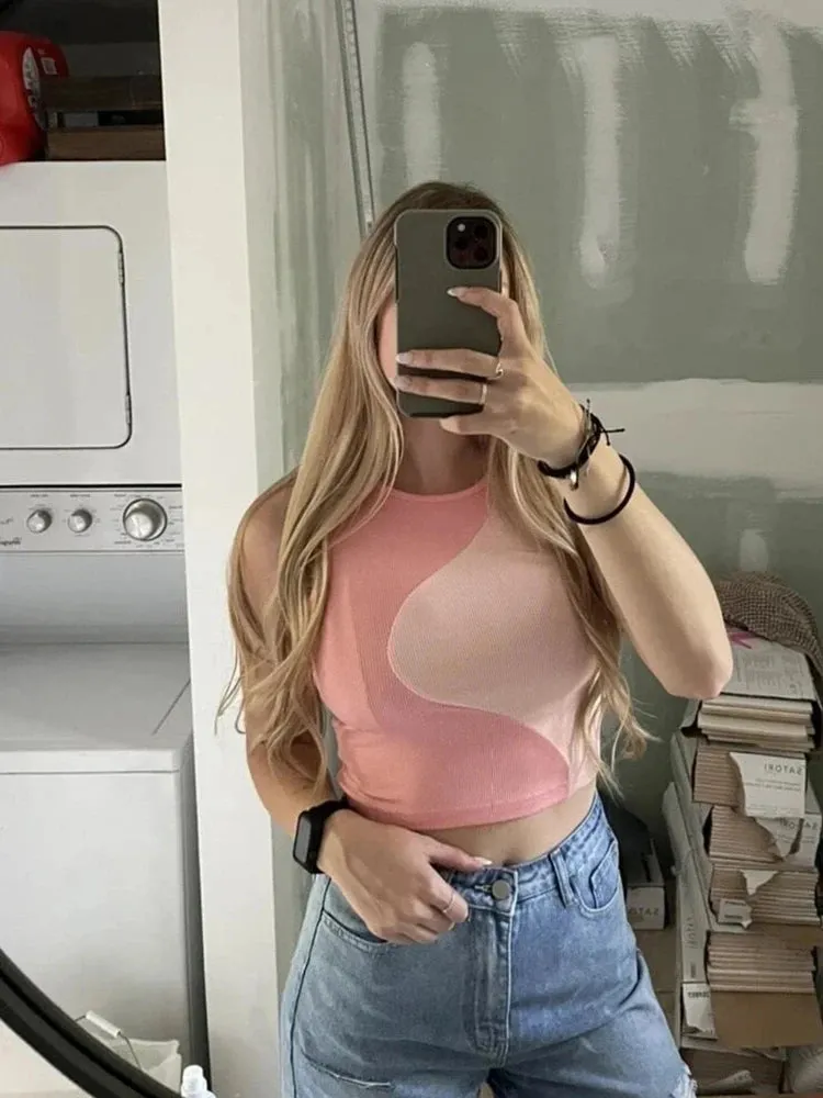 Women's Color Block Rib Knit Tank Top - Summer Grunge Streetwear Crop Tee