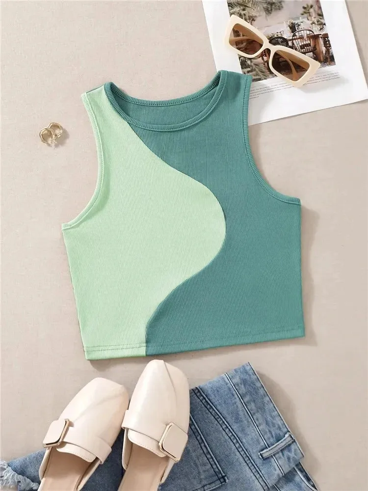 Women's Color Block Rib Knit Tank Top - Summer Grunge Streetwear Crop Tee
