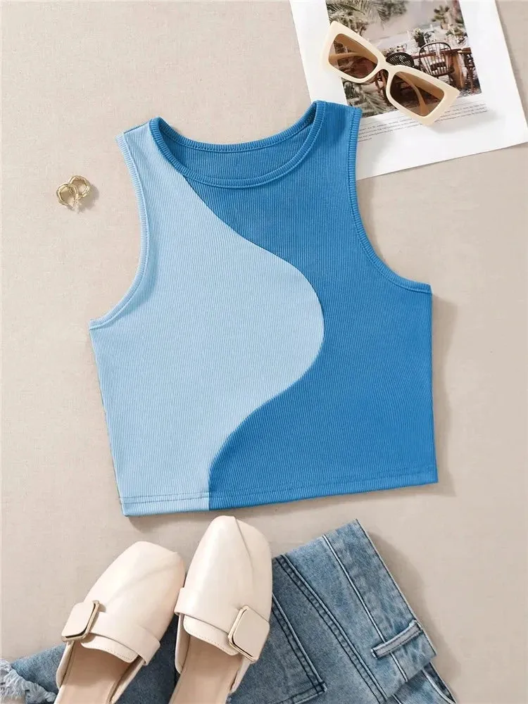 Women's Color Block Rib Knit Tank Top - Summer Grunge Streetwear Crop Tee
