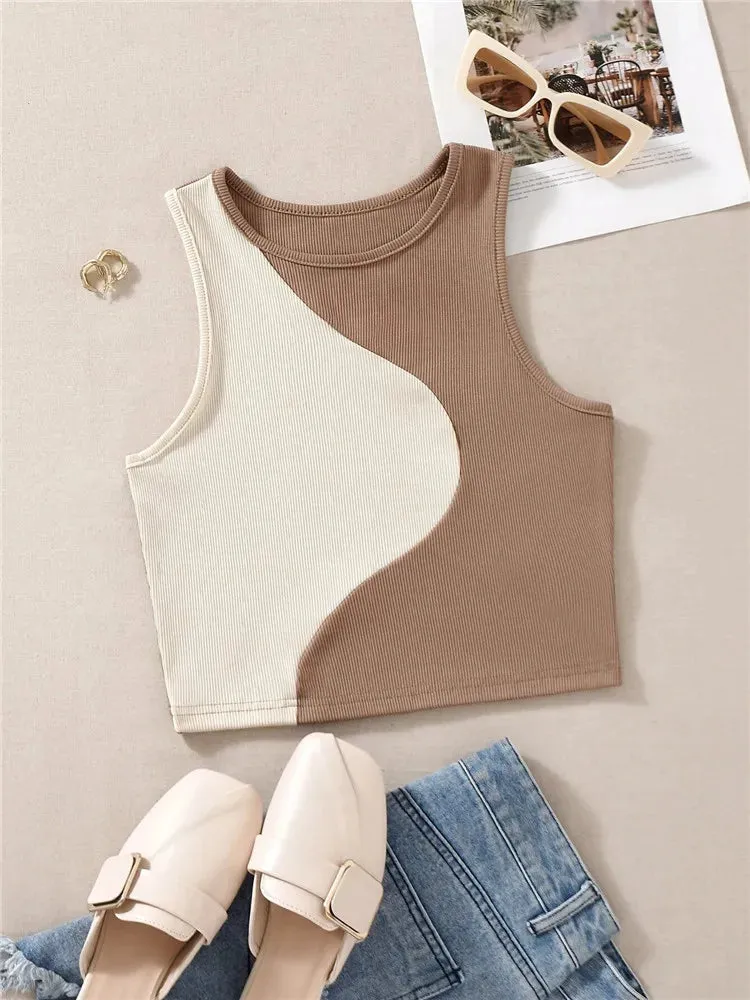 Women's Color Block Rib Knit Tank Top - Summer Grunge Streetwear Crop Tee