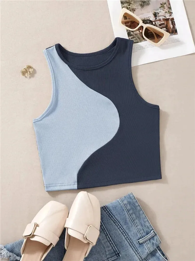 Women's Color Block Rib Knit Tank Top - Summer Grunge Streetwear Crop Tee