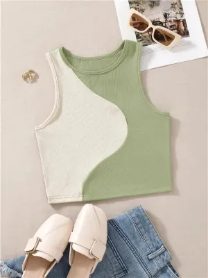 Women's Color Block Rib Knit Tank Top - Summer Grunge Streetwear Crop Tee