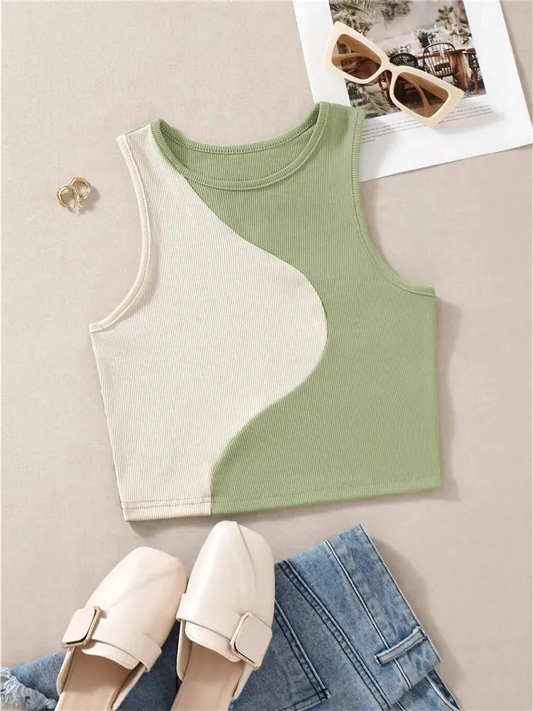 Women's Color Block Rib Knit Tank Top - Summer Grunge Streetwear Crop Tee