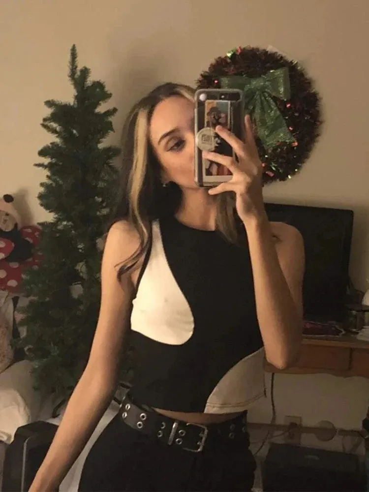 Women's Color Block Rib Knit Tank Top - Summer Grunge Streetwear Crop Tee