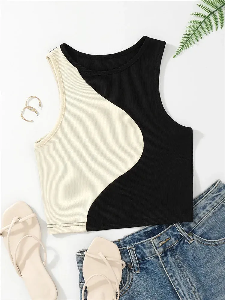 Women's Color Block Rib Knit Tank Top - Summer Grunge Streetwear Crop Tee