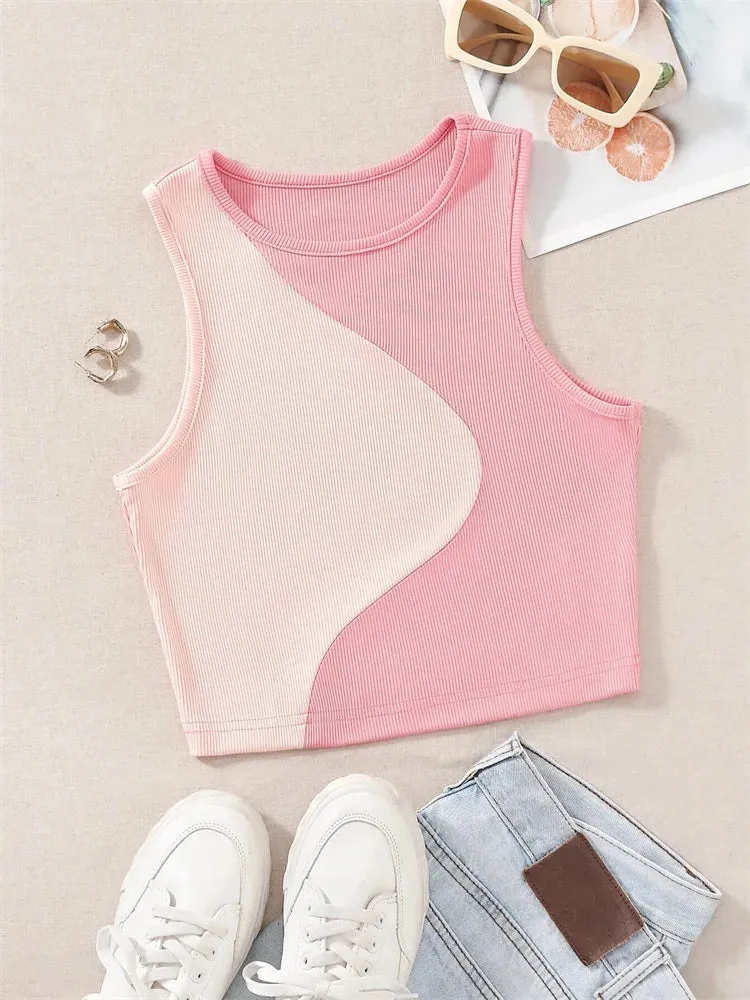 Women's Color Block Rib Knit Tank Top - Summer Grunge Streetwear Crop Tee