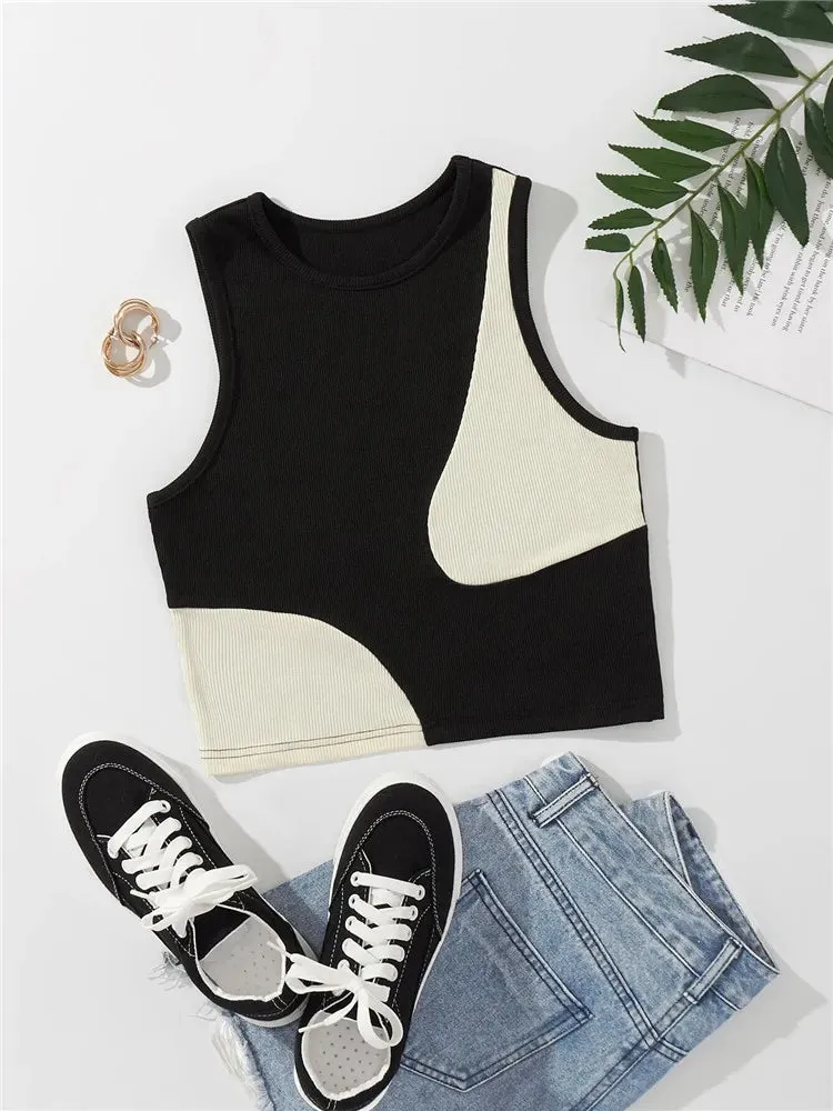 Women's Color Block Rib Knit Tank Top - Summer Grunge Streetwear Crop Tee
