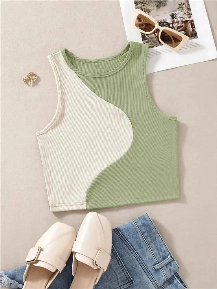 Women's Color Block Rib Knit Tank Top - Summer Grunge Streetwear Crop Tee