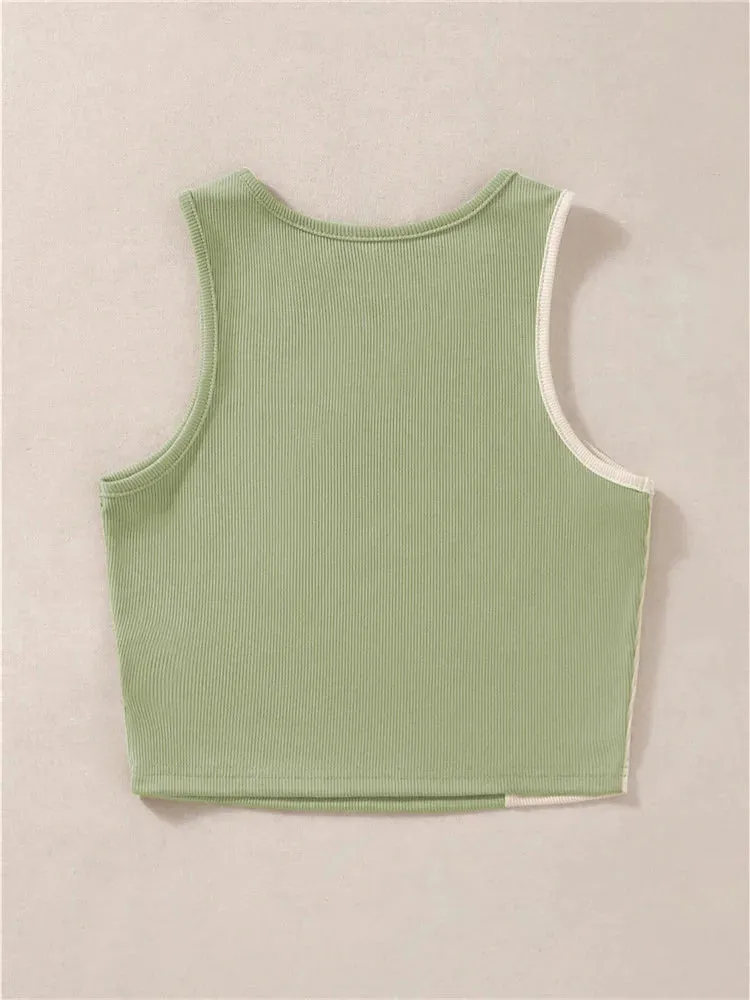 Women's Color Block Rib Knit Tank Top - Summer Grunge Streetwear Crop Tee