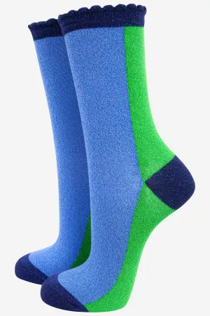 Women's Cotton Glitter Socks Colour Block Blue & Green: UK 3-7 | EU 36-40
