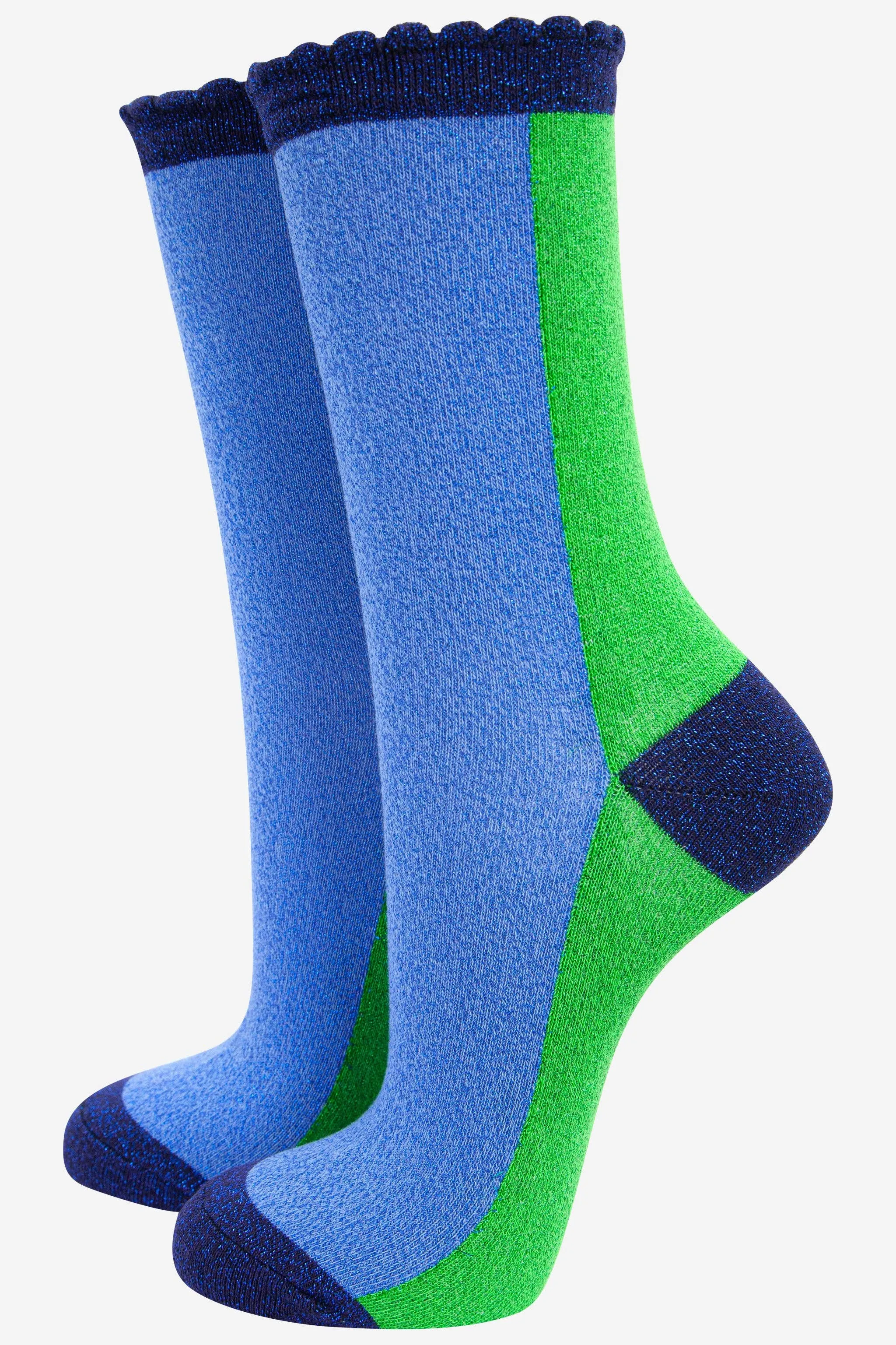 Women's Cotton Glitter Socks Colour Block Blue & Green: UK 3-7 | EU 36-40