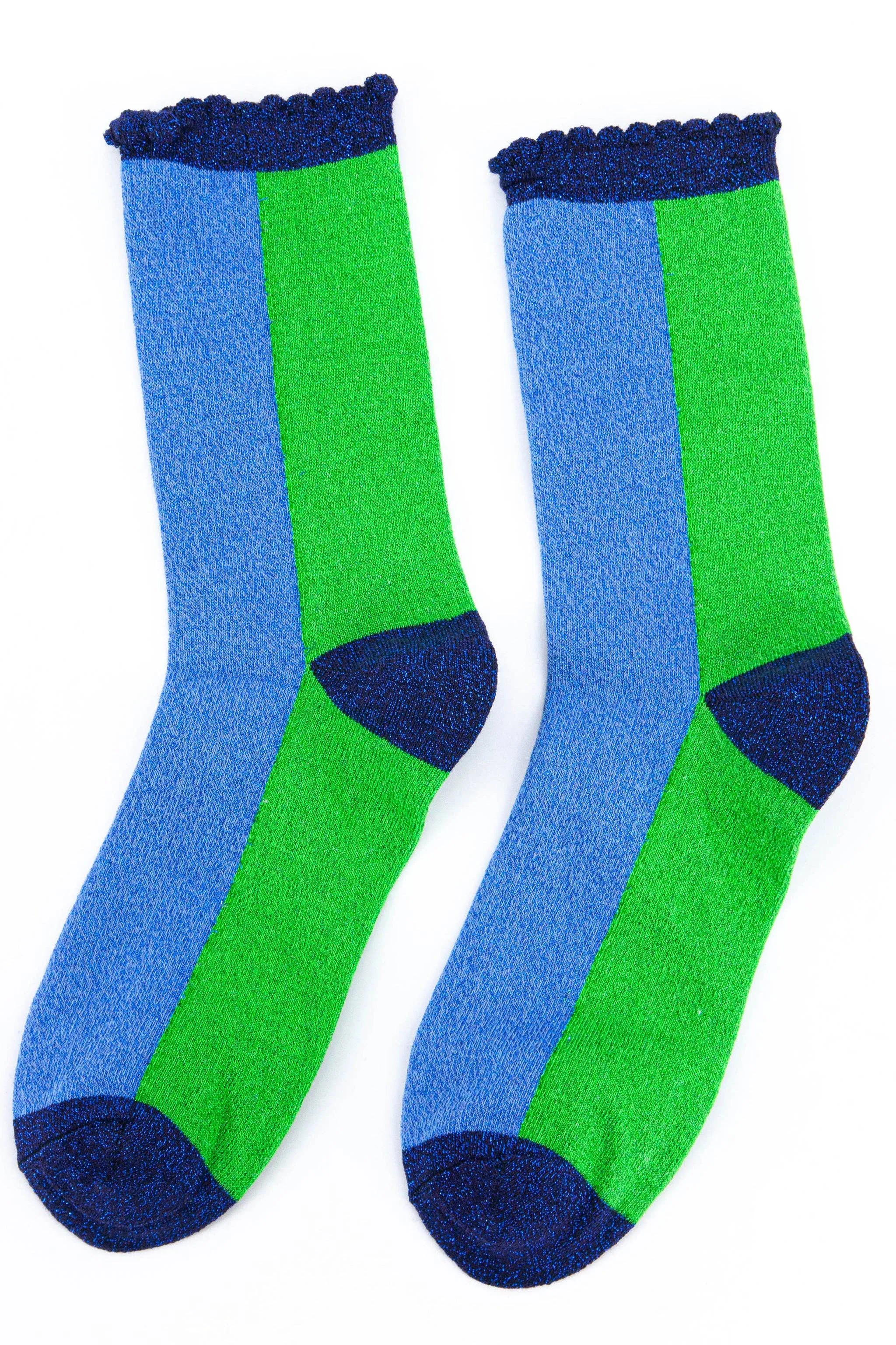 Women's Cotton Glitter Socks Colour Block Blue & Green: UK 3-7 | EU 36-40