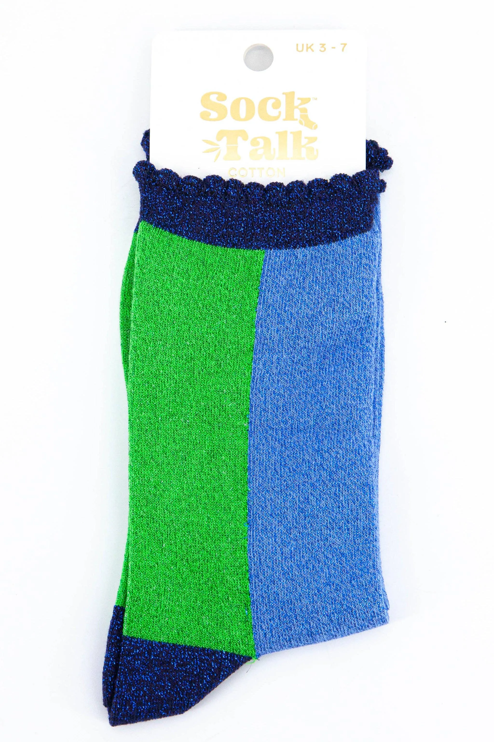 Women's Cotton Glitter Socks Colour Block Blue & Green: UK 3-7 | EU 36-40