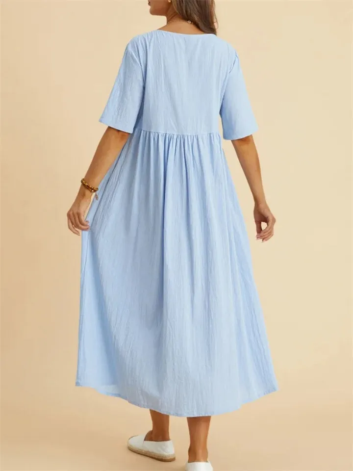 Women's Cozy Cotton Linen Crew Neck Half Sleeve Pleated Dress