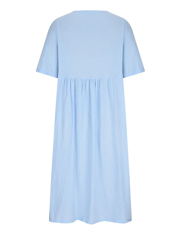 Women's Cozy Cotton Linen Crew Neck Half Sleeve Pleated Dress