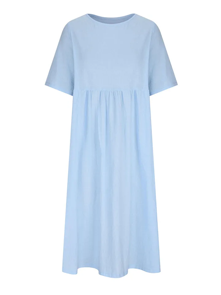 Women's Cozy Cotton Linen Crew Neck Half Sleeve Pleated Dress