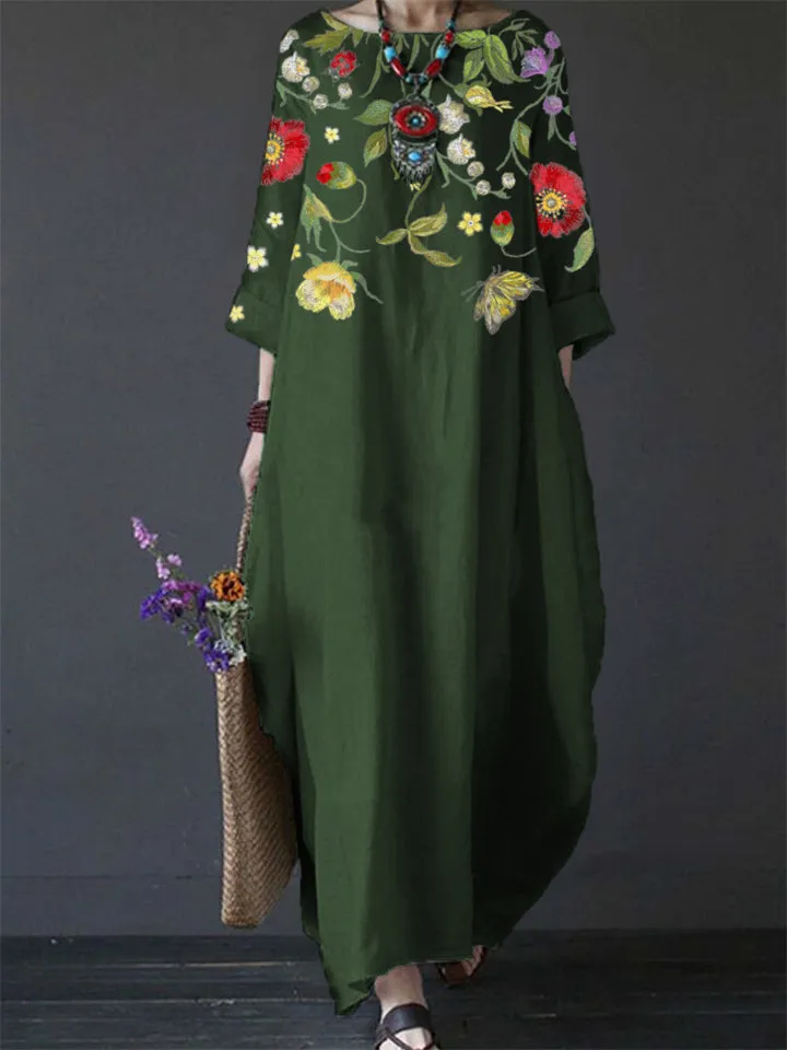 Women's Crew Neck 3/4 Sleeve Ethnic Floral Print Flowy Dress