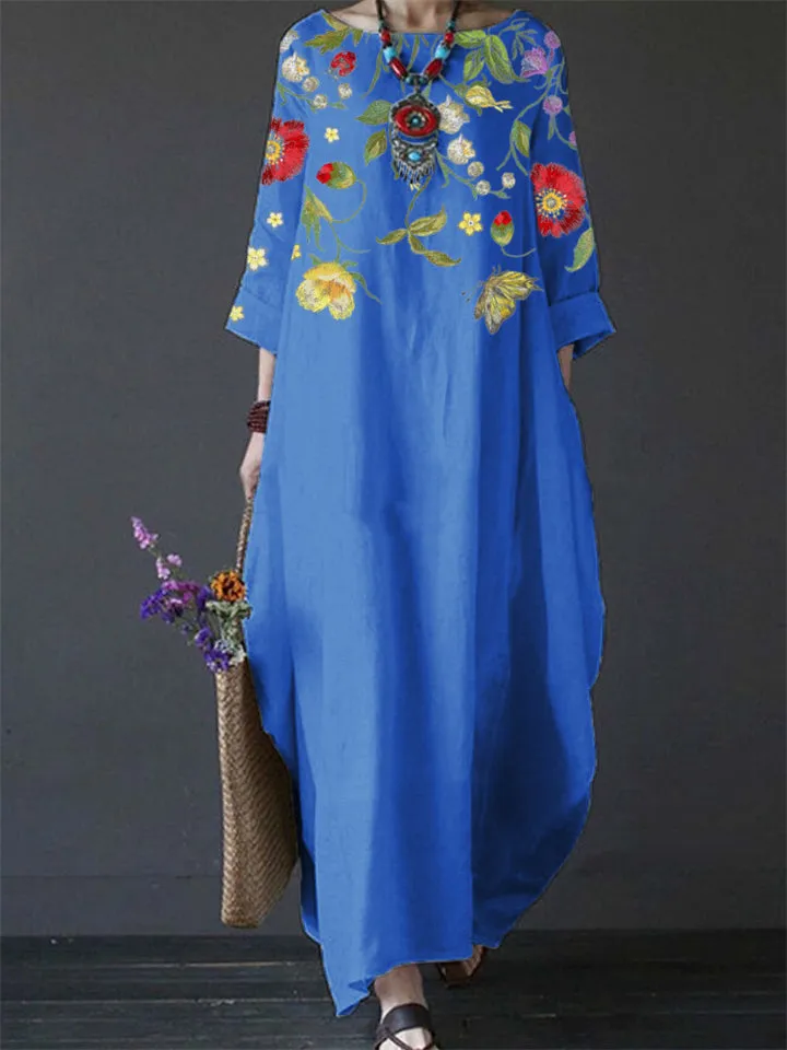 Women's Crew Neck 3/4 Sleeve Ethnic Floral Print Flowy Dress